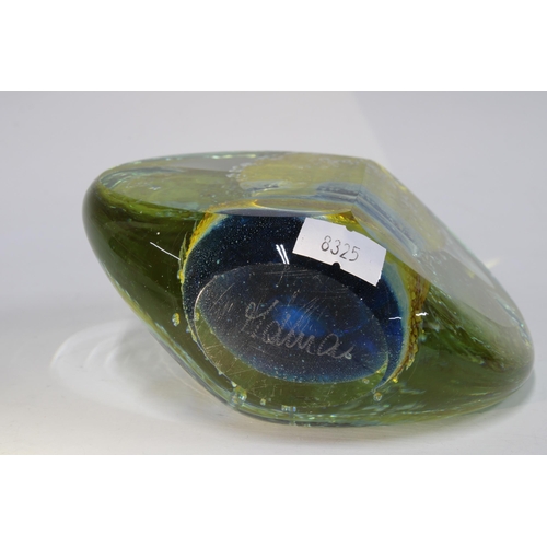 117 - Mdina lollipop blue and green glass vase, designed by Michael Harris, signed Mdina to base, 18cm