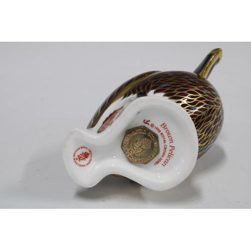 133 - Royal Crown Derby Imari paperweight in the form of a Brown Pelican, gold stopper and dated 1998, wit... 