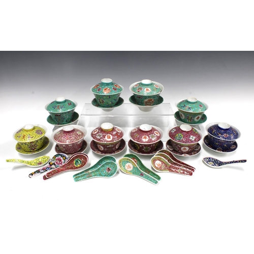 136 - Collection of Chinese tea bowls with saucers and covers, 9.5cm tall, together with similar spoons (2... 