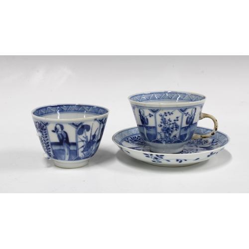 143 - Six blue and white Chinese tea cups, two a/f, 5.5cm, with five saucers, bearing Kangxi marks within ... 