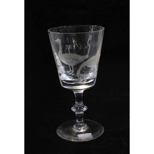 148 - Four glasses, one with engraved geese and 'Ann', two signed to include a double ended goblet by Zygm... 