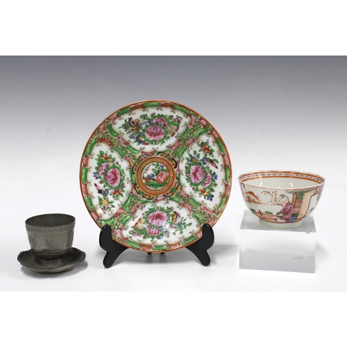 149 - Chinese Canton Famille rose tea bowl, 5cm with saucer, 16cm, together with a pewter egg cup on a lot... 