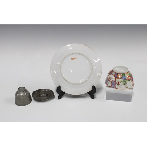 149 - Chinese Canton Famille rose tea bowl, 5cm with saucer, 16cm, together with a pewter egg cup on a lot... 