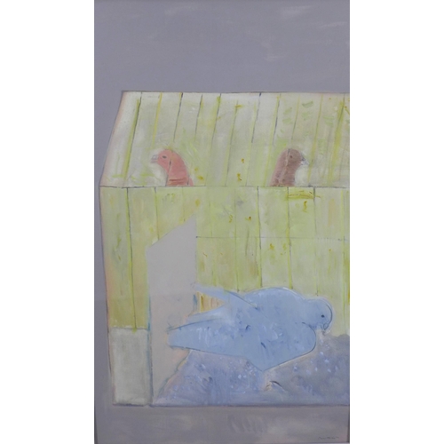 182 - DAVID MICHIE O.B.E., R.S.A., R.G.I., F.R.S.A (SCOTTISH 1928-2015), BIRDS IN A CAGE, oil on canvas, s... 