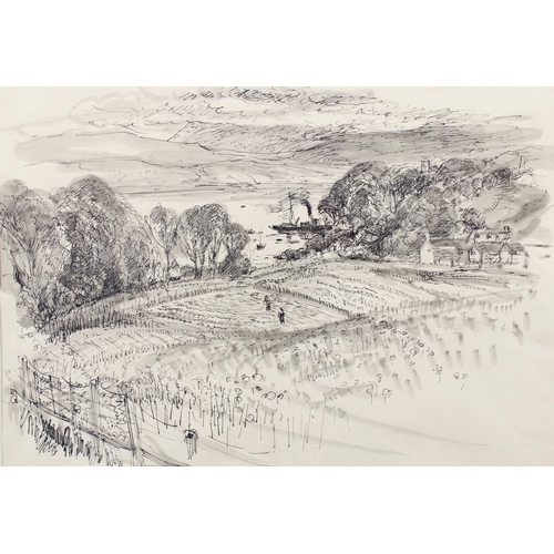 186 - DAVID MACBETH SUTHERLAND R.S.A. (SCOTTISH 1883-1974), WESTER ROSS - HARVEST TIME, pen & wash, framed... 