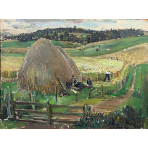 188 - DAVID MACBETH SUTHERLAND R.S.A. (SCOTTISH 1883-1974), HARVEST TIME, ABERDEENSHIRE, oil on board, sig... 