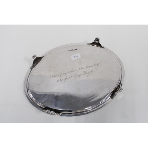 19 - George III silver waiter, oval outline on four bracket feet, with engraved initials and personal ins... 