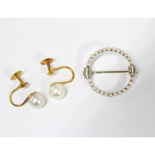 22 - A pair of pearl stud earrings on 9ct gold posts, a triple strand Ciro necklace with 9ct gold clasp f... 