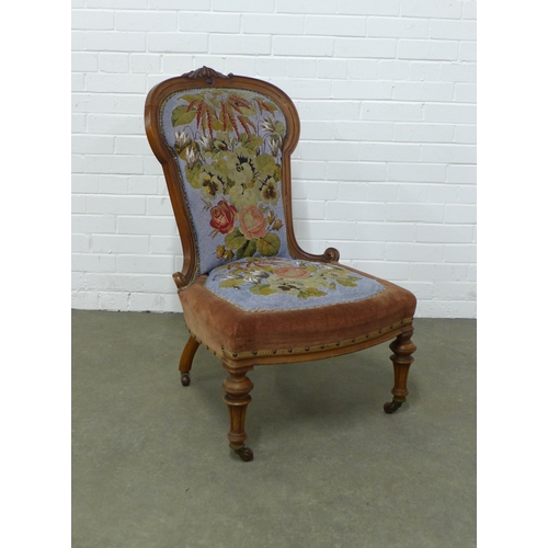 253 - Victorian mahogany framed nursing chair with tapestry upholstered back and seat, 60 x 95 x 50cm.