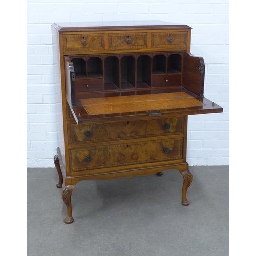 259 - Queen Anne style walnut secretaire chest, rectangular top above three short drawers and a fall front... 