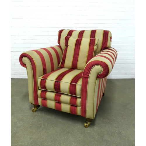 276 - Modern  lounge armchair with red and beige stripe upholstery, squab and scatter cushions, wooden leg... 