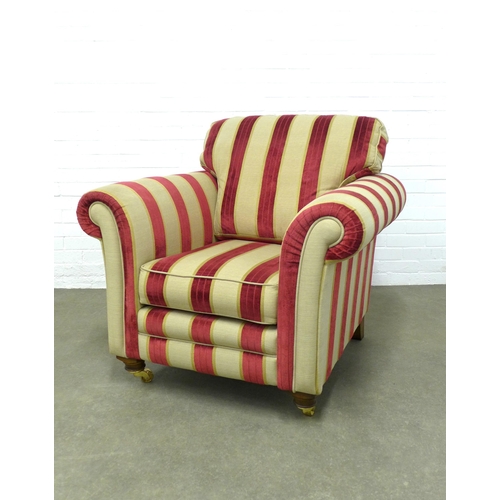 276 - Modern  lounge armchair with red and beige stripe upholstery, squab and scatter cushions, wooden leg... 