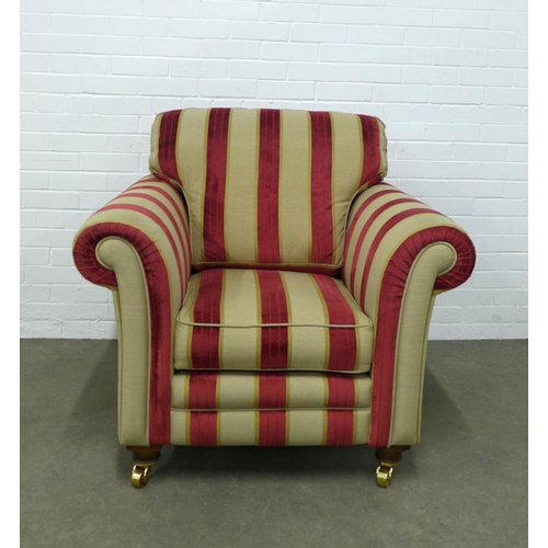 276 - Modern  lounge armchair with red and beige stripe upholstery, squab and scatter cushions, wooden leg... 