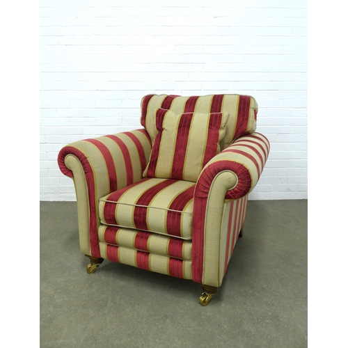 277 - Modern  lounge armchair with red and beige stripe upholstery, squab and scatter cushions, wooden leg... 