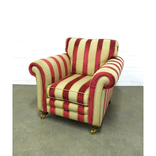 277 - Modern  lounge armchair with red and beige stripe upholstery, squab and scatter cushions, wooden leg... 