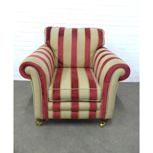 277 - Modern  lounge armchair with red and beige stripe upholstery, squab and scatter cushions, wooden leg... 