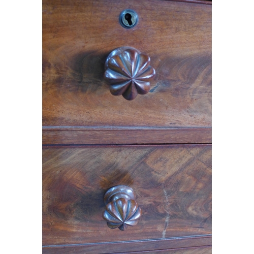 293 - 19th century mahogany bow front chest of drawers, 112 x 110 x 58cm. (a/f with some veneer loss)