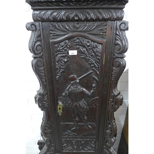 301 - 19th century carved oak longcase clock, (A/F) 70 x 214 x 27cm.