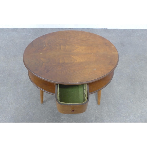 307 - Vintage oval two tier sewing table, 60 x 47 x 44cm.