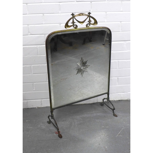 308 - Art Nouveau brass framed fire screen with mirrored glass panel, 48 x 77cm.