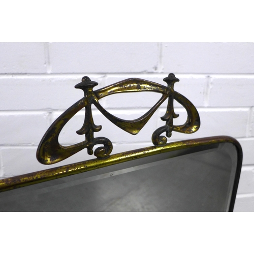 308 - Art Nouveau brass framed fire screen with mirrored glass panel, 48 x 77cm.