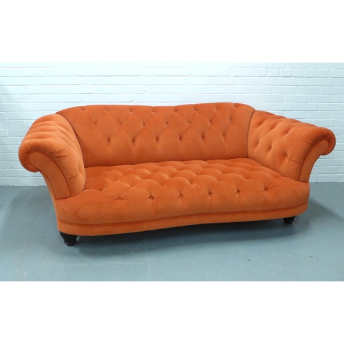 311 - Contemporary Chesterfield scroll arm settee, orange velvet buttonback upholstery, fluted wooden legs... 