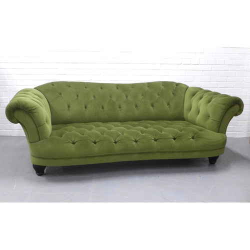 312 - Contemporary Chesterfield scroll arm settee, green velvet buttonback upholstery, fluted wooden legs,... 