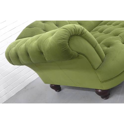 312 - Contemporary Chesterfield scroll arm settee, green velvet buttonback upholstery, fluted wooden legs,... 