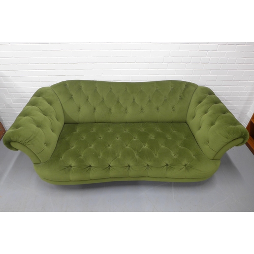 312 - Contemporary Chesterfield scroll arm settee, green velvet buttonback upholstery, fluted wooden legs,... 