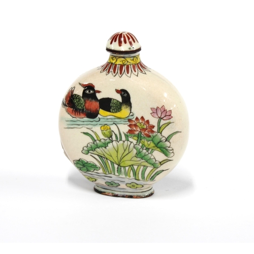 323 - Chinese enamel snuff bottle decorated with birds and flowers, character marks to the base, 8cm high