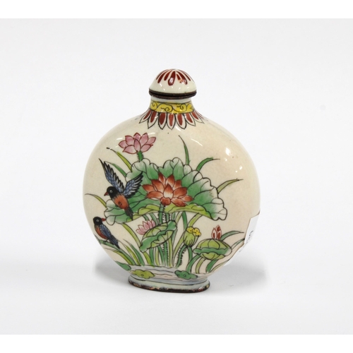 323 - Chinese enamel snuff bottle decorated with birds and flowers, character marks to the base, 8cm high