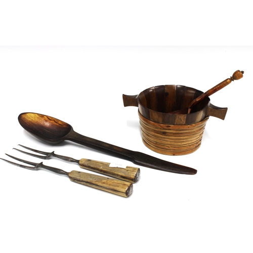 325 - Scottish staved treen luggie / quaich with willow banding, 15cm across the lugs, together with a fru... 