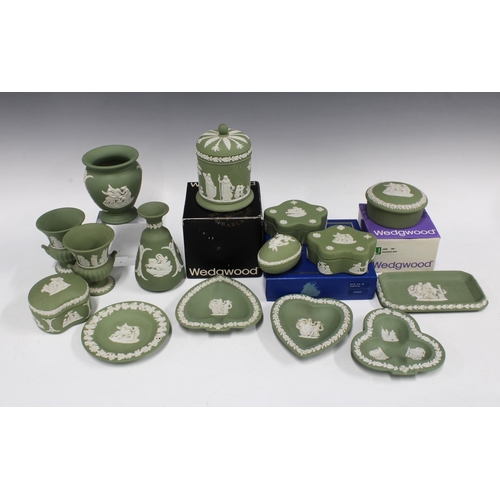 326 - Collection of Wedgwood sage green jasperware, some boxed, tallest 12cm