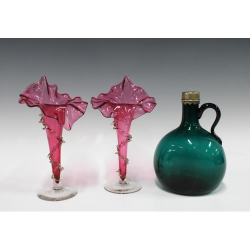 329 - Two jack in the pulpit cranberry glass vases, 21cm, together with a green glass flagon (3)