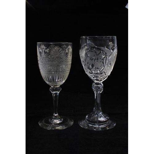 330 - Stourbridge engraved glass wine goblet, Victorian anthemion etched wine glass, hollow stem wine glas... 