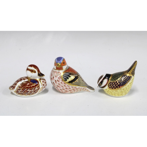 331 - Three Royal Crown Derby Imari bird paperweights  with silver stoppers, including a duckling, blue ti... 