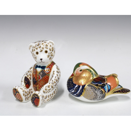 333 - Royal Crown Derby Imari teddy bear paperweight, 11cm, together with a Royal Crown Derby mandarin duc... 