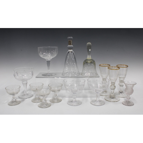 335 - Various glass and stemware to include champagne glasses and an etched glass bell, etc, tallest glass... 