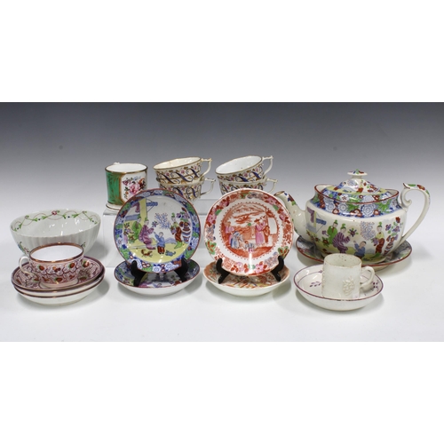 336 - Collection of 18th and 19th century English cups, saucers, a teapot and stand and a slop bowl, etc (... 