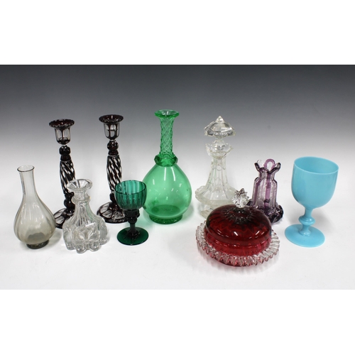 337 - Collection of clear and coloured glass, including two twisted stem candlesticks 23cm, one with a bas... 