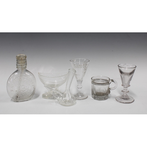 339 - Collection of glassware to include a measure, Barclay & Sons bottle and navette shaped salt, etc, ta... 