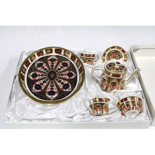 343 - Boxed Royal Crown Derby bachelor's miniature tea set, pattern 1128, teapot 8cm high