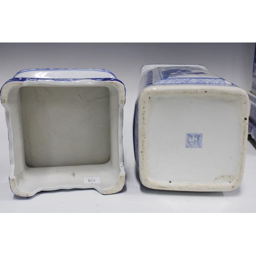 345 - A pair of Chinese blue and white square  vases on stands, 42cm (2)