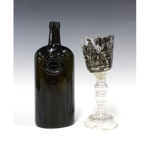 362 - A dark olive green cylinder glass wine bottle with 'Thomas Gerrard Gibbstown' seal 28cm, together wi... 