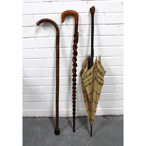 366 - Walking stick with a carved snake, 88cm, together with a walking stick with a white metal collar and... 