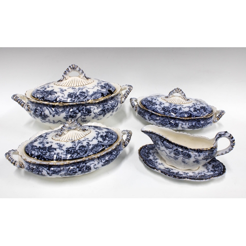 368 - Three Late Mayers Chatsworth blue and white transfer printed tureens, largest 38 x 18cm, together wi... 