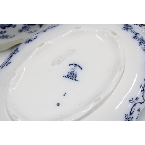 368 - Three Late Mayers Chatsworth blue and white transfer printed tureens, largest 38 x 18cm, together wi... 