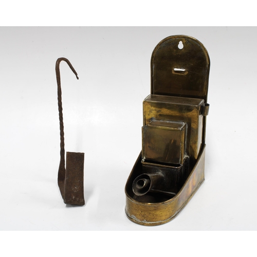 375 - Cardan-type brass drip oil lamp, 19cm, together with an iron loom light (2)