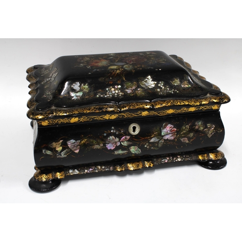 377 - Victorian black lacquered, abalone inlaid and gilt sewing box, with mother of pearl inlay and fitted... 