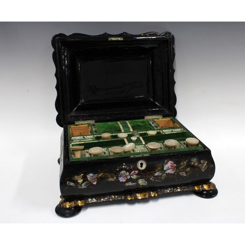 377 - Victorian black lacquered, abalone inlaid and gilt sewing box, with mother of pearl inlay and fitted... 